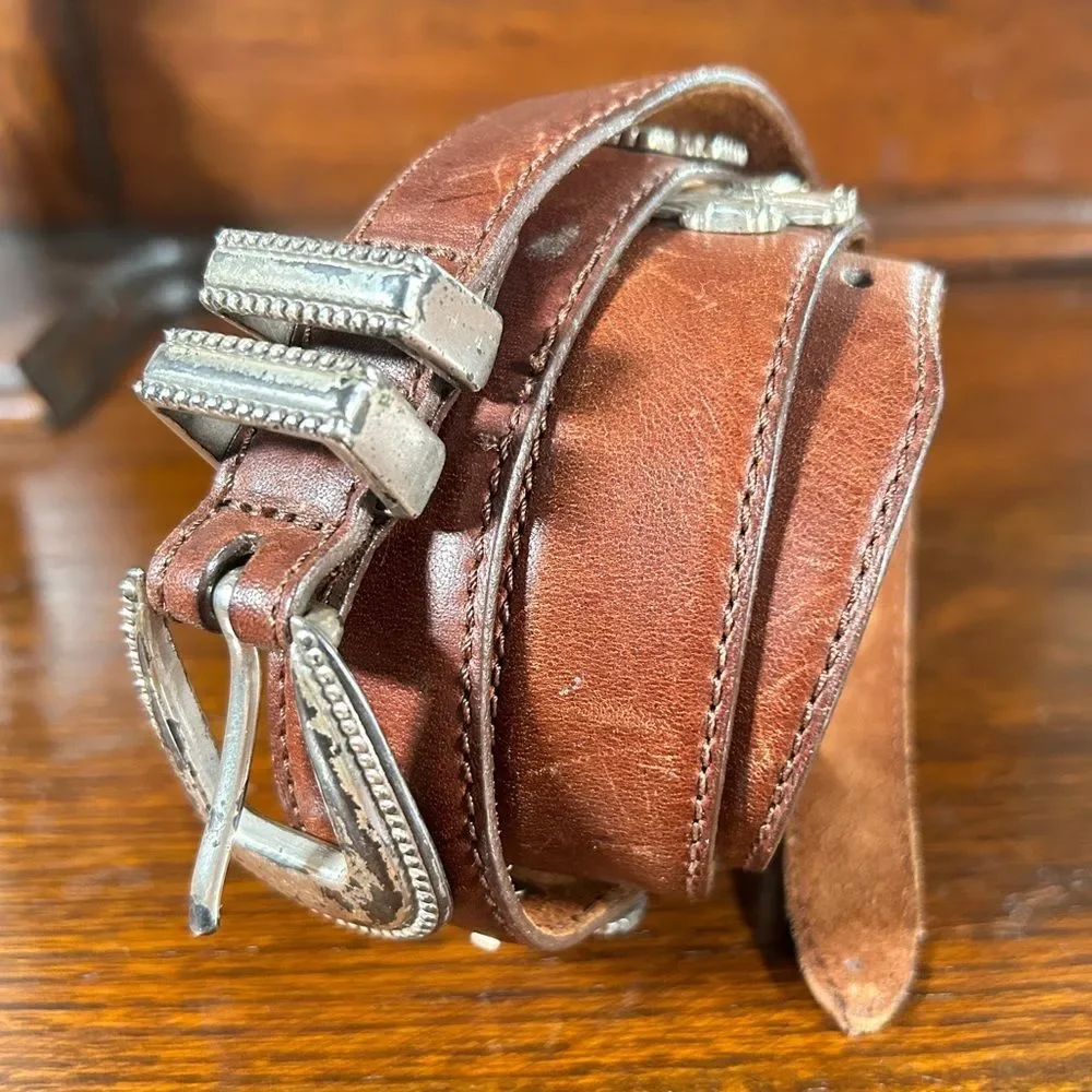 FOSSIL Brown Leather, Silver Accents Buckle Bohemian Western Belt Size:3XL